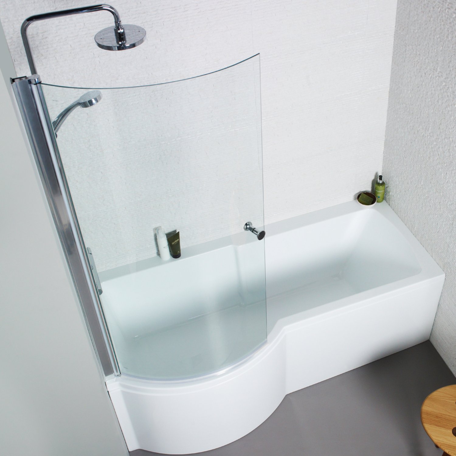 Kartell Koncept P-Shaped Shower Bath Screen - 6mm Glass - 1400mm x 740mm/760mm - Chrome