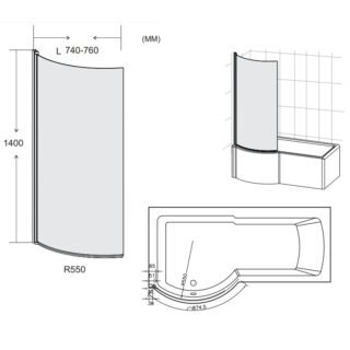 Kartell Koncept P-Shaped Shower Bath Screen - 6mm Glass - 1400mm x 740mm/760mm - Chrome - Image 2