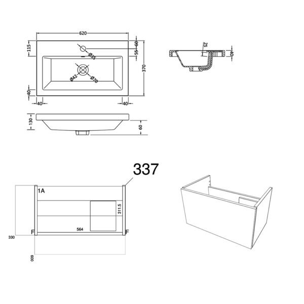 Kartell Kore 1 Drawer Wall Hung Vanity Unit With Basin - 600mm Wide - 1 TH - Image 3