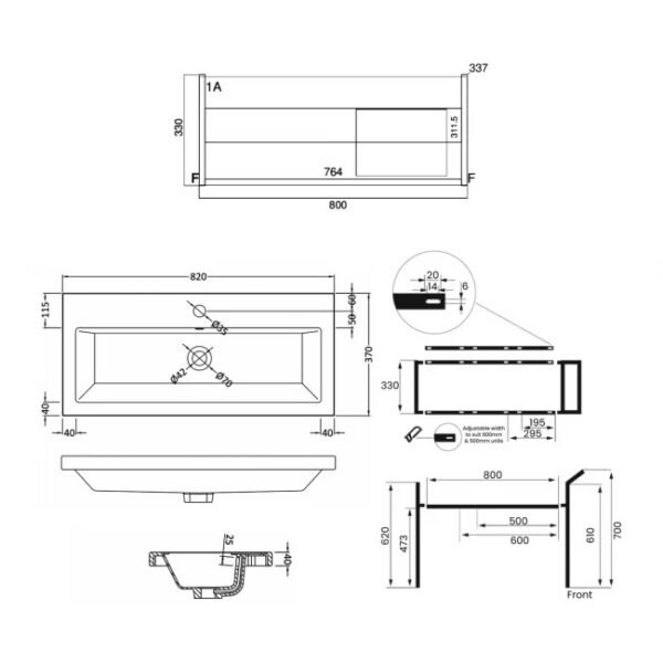Kartell Kore 1 Drawer Floorstanding Vanity Unit With Basin And Frame - 800mm Wide - 1 TH - Image 3