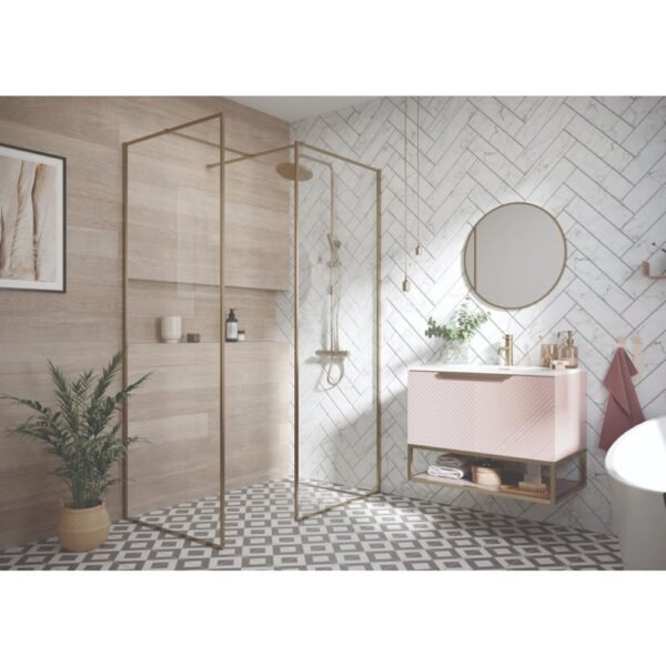 Scudo Minos Framed Wetroom Glass Panel With Stabilising Bar And Wall Profile - 10mm Clear Glass - Brushed Brass