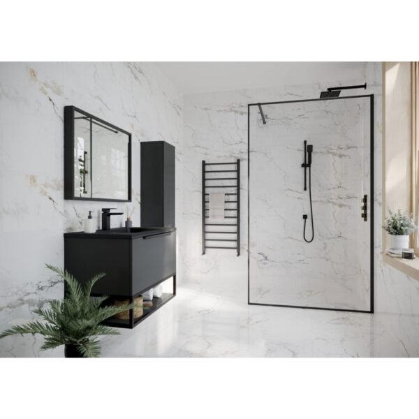 Scudo Minos Framed Wetroom Glass Panel With Stabilising Bar And Wall Profile - 10mm Clear Glass - Matt Black