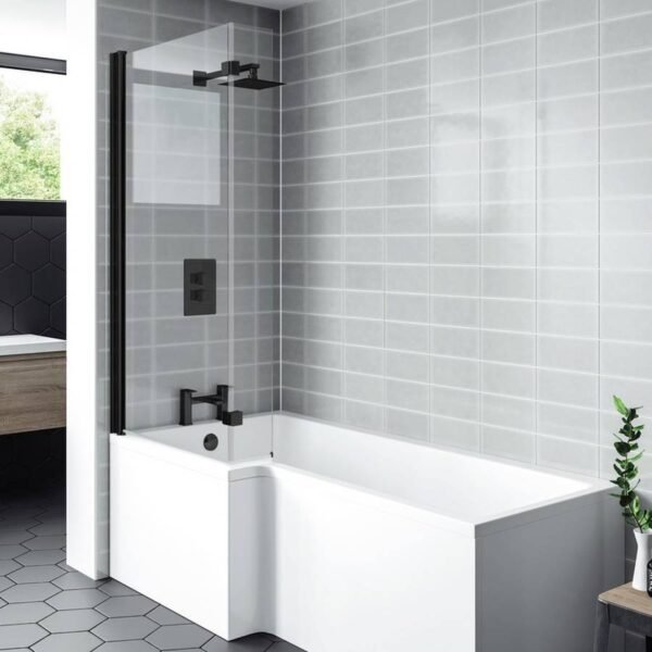 Kartell Nero L Shaped Shower Bath Screen - 6mm Glass - 1400mm x 1000mm - Matt Black