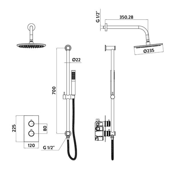 Scudo Core 2 Outlet Thermostatic Concealed Shower Valve With Handle, Head & Handset Riser Kit - Image 3