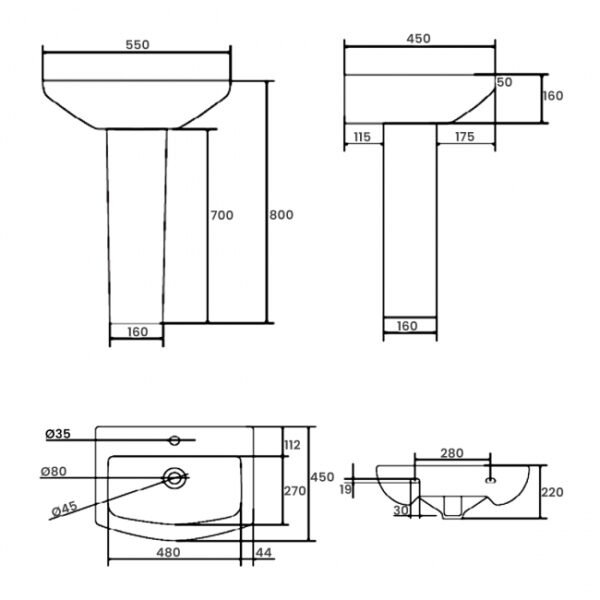 Kartell Trim Basin with Full Pedestal - 550mm Wide - 1 TH - Gloss White - Image 2