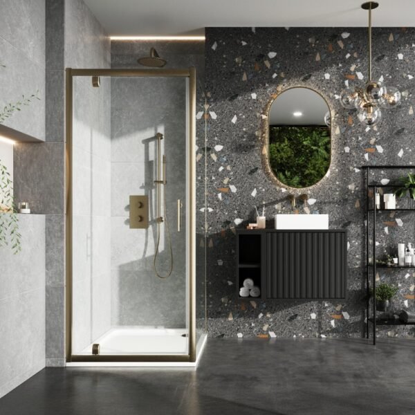 Scudo S6 6mm Pivot Shower Door With Side Panel - Brushed Brass
