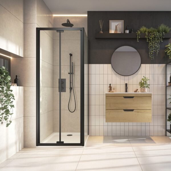 Scudo S6 Semi Frameless Bifold Shower Door With Side Panel - Black