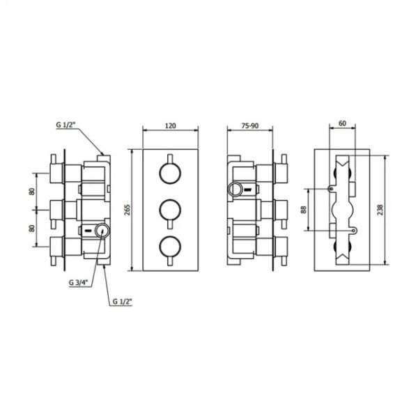 Kartell Plan 2 Outlet 3 Handle Thermostatic Concealed Shower Valve - Chrome - Image 2