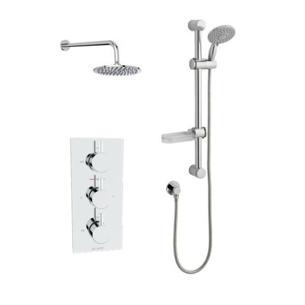 Kartell Plan 2 Outlet 3 Handle Thermostatic Concealed Shower Valve With Slide Rail Kit And Overhead Drencher - Chrome