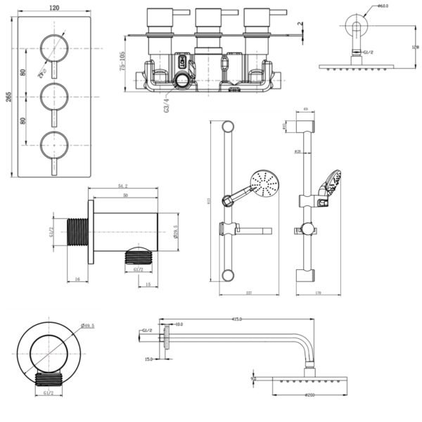 Kartell Plan 2 Outlet 3 Handle Thermostatic Concealed Shower Valve With Slide Rail Kit And Overhead Drencher - Chrome - Image 2