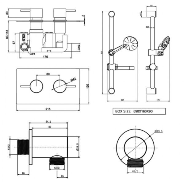 Kartell Plan 1 Outlet 2 Handle Thermostatic Concealed Shower Valve With Adjustable Slide Rail Kit - Chrome - Image 3