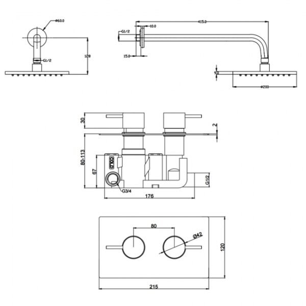 Kartell Plan 1 Outlet 2 Handle Thermostatic Concealed Shower Valve With Fixed Shower Head and Arm - Chrome - Image 4