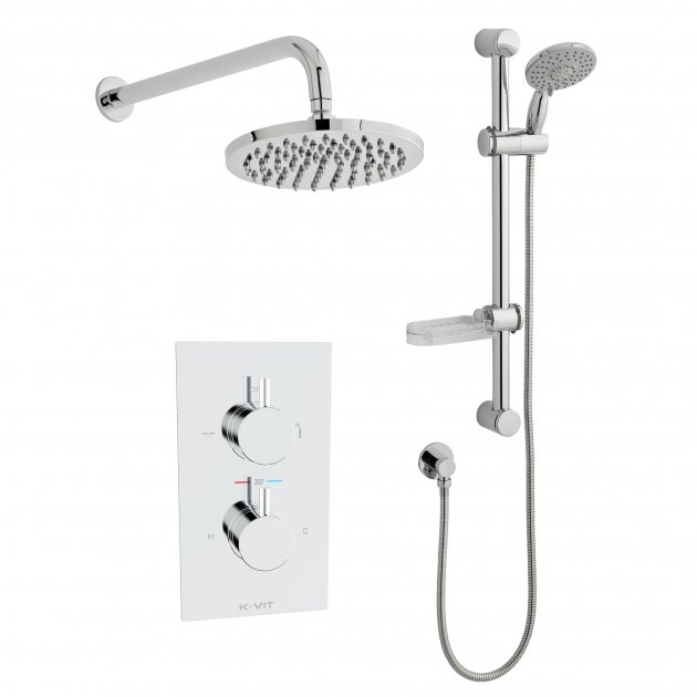Kartell Plan 2 Outlet 2 Handle Thermostatic Concealed Shower Valve With Diverter, Adjustable Slide Rail Kit and Fixed Head - Chrome