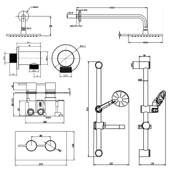 Kartell Plan 2 Outlet 2 Handle Thermostatic Concealed Shower Valve With Diverter, Adjustable Slide Rail Kit and Fixed Head - Chrome - Image 3