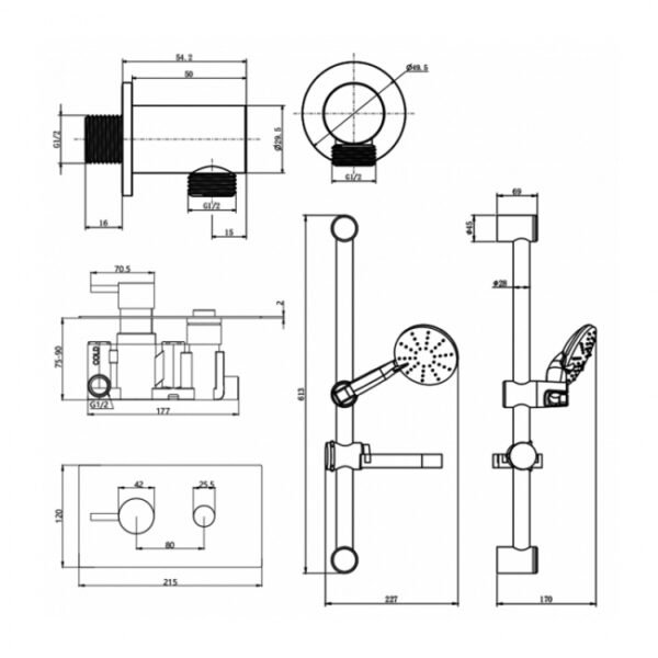 Kartell Plan 1 Outlet Round Push Button Thermostatic Concealed Shower Valve With Slide Rail kit And Outlet Elbow - Chrome - Image 2