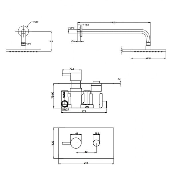 Kartell Plan 1 Outlet Round Push Button Thermostatic Concealed Shower Valve With Fixed Shower Head And Arm - Chrome - Image 3