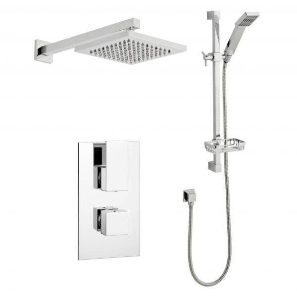 Kartell Element 2 Outlet 2 Handle Thermostatic Concealed Shower Valve With Fixed Shower Head And Arm, Outlet Elbow, Slide Rail Kit - Chrome