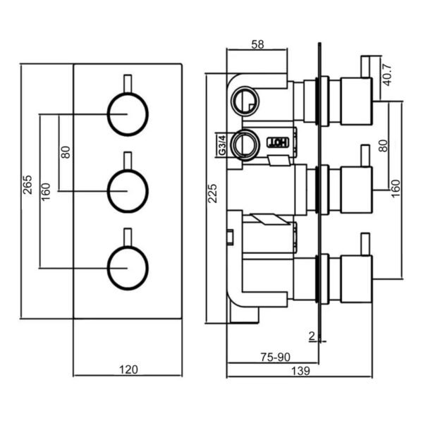 Kartell Plan 3 Outlet 3 Handle Thermostatic Concealed Shower Valve - Chrome - Image 2