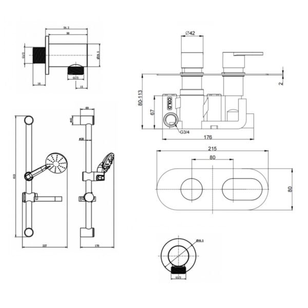 Kartell Logik 1 Outlet 2 Handle Thermostatic Concealed Shower Valve With Slide Rail Kit And Outlet Elbow - Chrome - Image 2