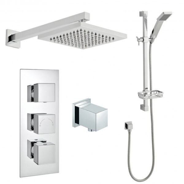 Kartell Pure 2 Outlet 3 Handle Thermostatic Concealed Shower Valve With Adjustable Slide Rail Kit and Fixed Head - Chrome