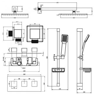 Kartell Pure 2 Outlet 3 Handle Thermostatic Concealed Shower Valve With Adjustable Slide Rail Kit and Fixed Head - Chrome - Image 2