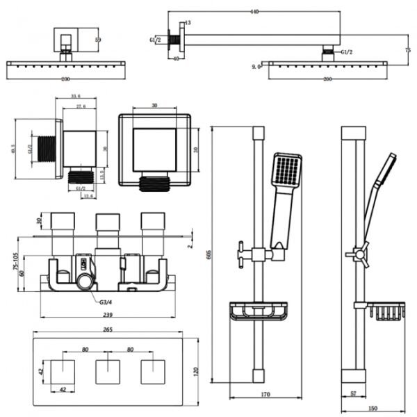 Kartell Pure 2 Outlet 3 Handle Thermostatic Concealed Shower Valve With Adjustable Slide Rail Kit and Fixed Head - Chrome - Image 2