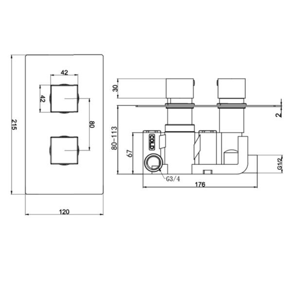 Kartell Pure 1 Outlet 2 Handle Thermostatic Concealed Shower Valve - Chrome - Image 2