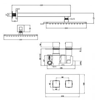 Kartell Pure 1 Outlet 2 Handle Thermostatic Concealed Shower Valve With Fixed Shower Head and Arm - Chrome - Image 2