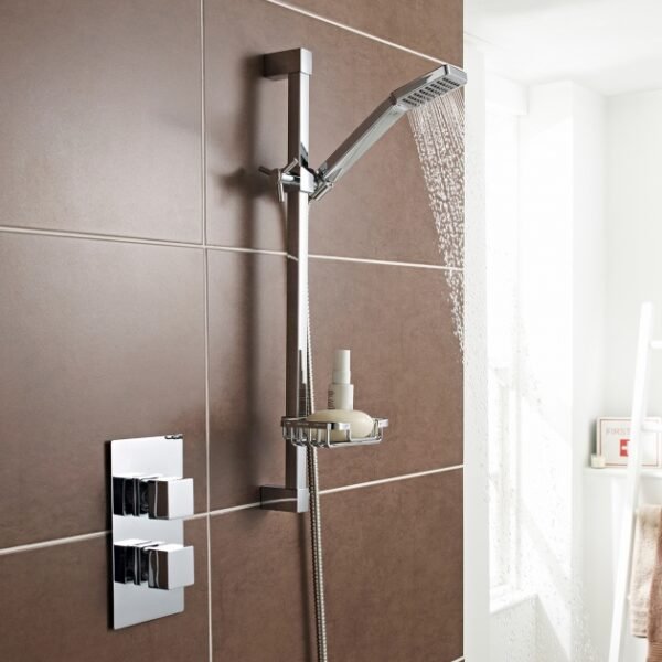 Kartell Pure 2 Outlet 2 Handle Thermostatic Concealed Shower Valve With Diverter, Adjustable Slide Rail Kit and Fixed Head - Chrome - Image 2