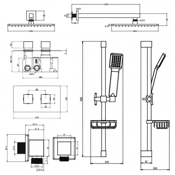 Kartell Pure 2 Outlet 2 Handle Thermostatic Concealed Shower Valve With Diverter, Adjustable Slide Rail Kit and Fixed Head - Chrome - Image 3