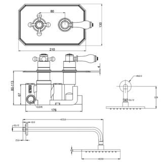 Kartell Viktory 1 Outlet 2 Handle Thermostatic Concealed Shower Valve With Fixed Shower Head And Arm - Chrome - Image 2