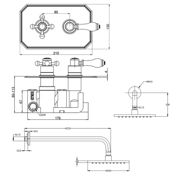Kartell Viktory 1 Outlet 2 Handle Thermostatic Concealed Shower Valve With Fixed Shower Head And Arm - Chrome - Image 2