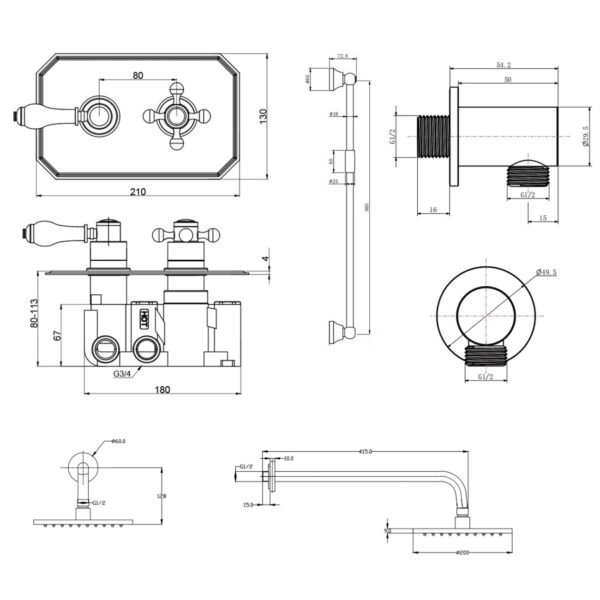 Kartell Viktory 1 Outlet 2 Handle Thermostatic Concealed Shower Valve With Slide Rail Kit And Fixed Shower Head And Arm - Chrome - Image 2