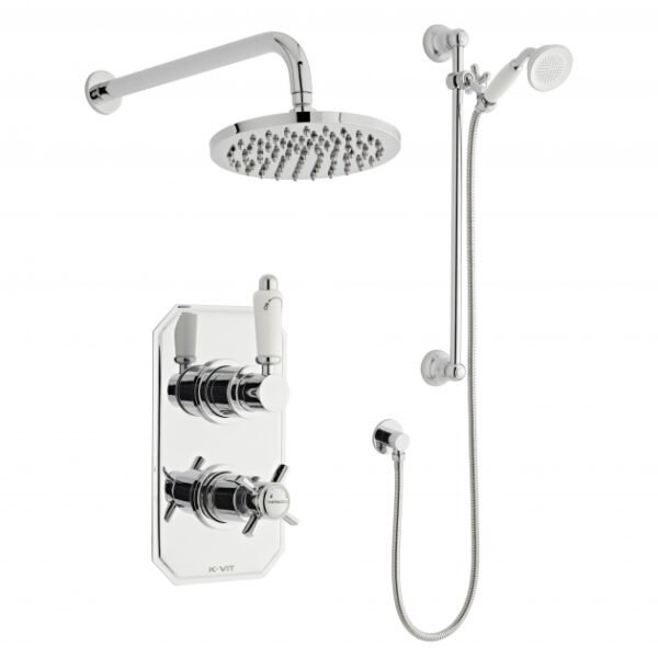 Kartell Klassique 2 Oultlet 2 Handle Thermostatic Concealed Shower Valve With Slide Rail Kit, Elbow, Fixed Shower Head And Arm - Chrome