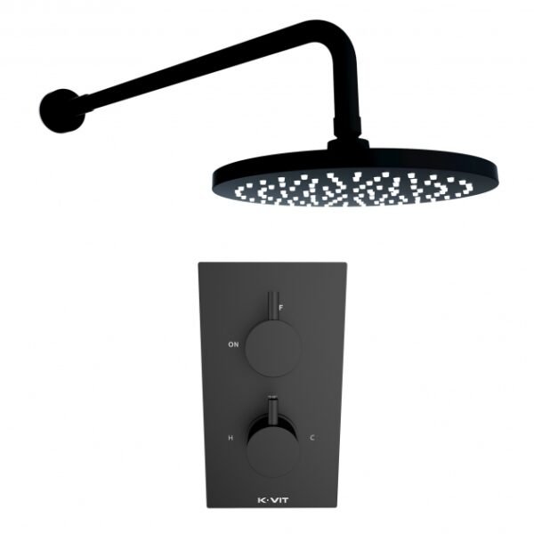 Kartell Nero Round 1 Outlet 2 Handle Thermostatic Concealed Shower Valve With Fixed Shower head And Arm - Matt Black