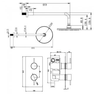 Kartell Nero Round 1 Outlet 2 Handle Thermostatic Concealed Shower Valve With Fixed Shower head And Arm - Matt Black - Image 2