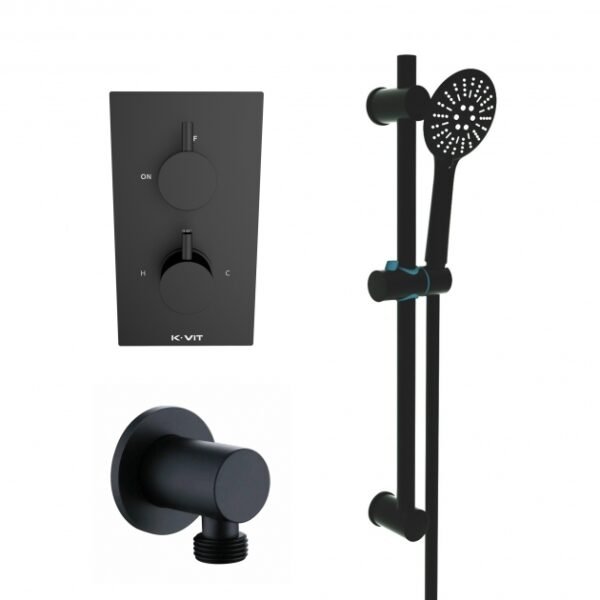 Kartell Nero Round 1 Outlet 2 Handle Thermostatic Concealed Shower Valve With Slide Rail Kit And Outlet Elbow - Matt Black
