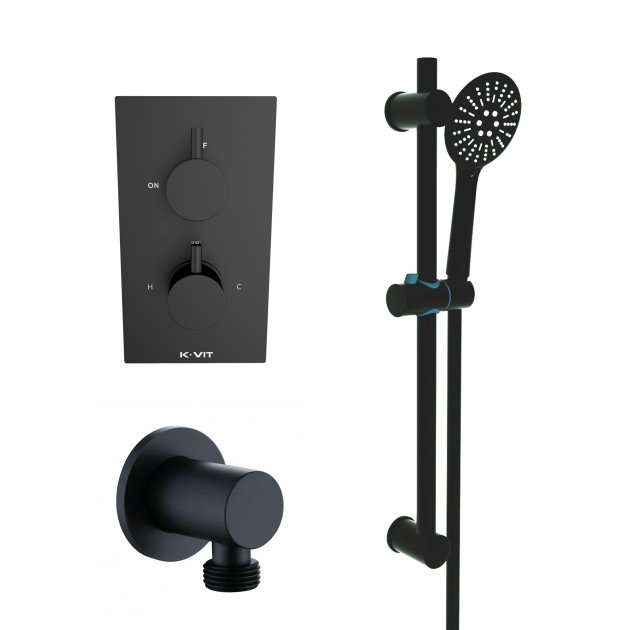 Kartell Nero Round 1 Outlet 2 Handle Thermostatic Concealed Shower Valve With Slide Rail Kit And Outlet Elbow - Matt Black