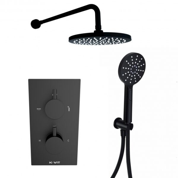 Kartell Nero Round 2 Outlet 2 Handle Thermostatic Concealed Shower Valve With Fixed Shower Head With Arm And Handset - Matt Black