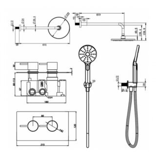 Kartell Nero Round 2 Outlet 2 Handle Thermostatic Concealed Shower Valve With Fixed Shower Head With Arm And Handset - Matt Black - Image 2
