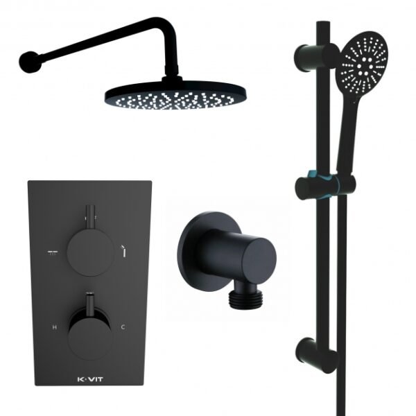 Kartell Nero Round 2 Outlet 2 Handle Thermostatic Concealed Shower Valve With Slide Rail Kit With Outlet Elbow - Matt Black