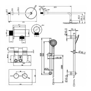 Kartell Nero Round 2 Outlet 2 Handle Thermostatic Concealed Shower Valve With Slide Rail Kit With Outlet Elbow - Matt Black - Image 2