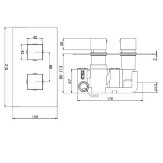 Kartell Nero Square 1 Outlet 2 Handle Thermostatic Concealed Shower Valve - Matt Black - Image 2