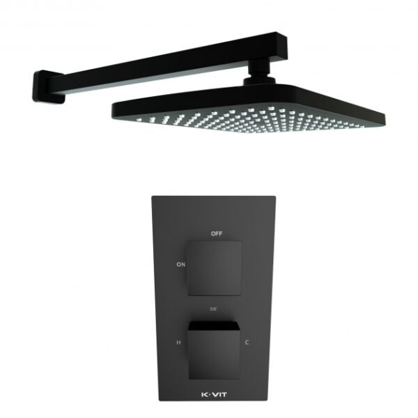 Kartell Nero Square 1 Outlet 2 Handle Thermostatic Concealed Shower Valve With Fixed Shower Head With Arm - Matt Black