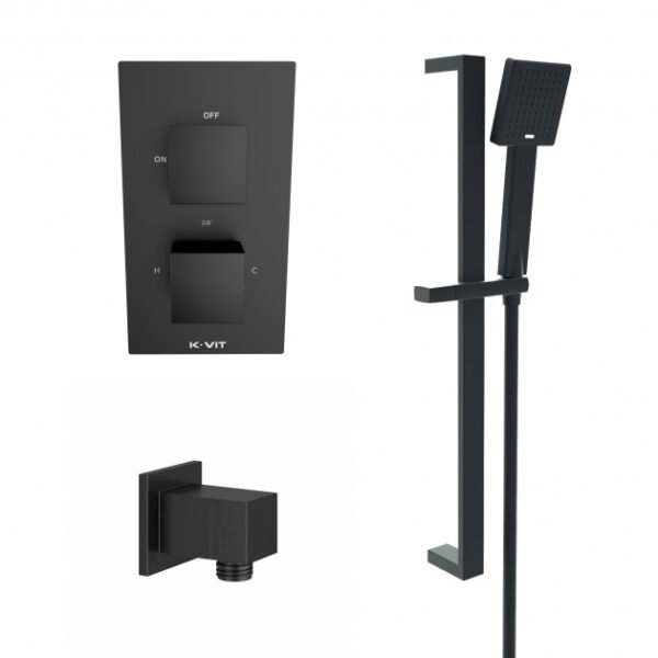 Kartell Nero Square 1 Outlet 2 Handle Thermostatic Concealed Shower Valve With Slide Rail Kit With Outlet Elbow - Matt Black