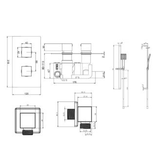 Kartell Nero Square 1 Outlet 2 Handle Thermostatic Concealed Shower Valve With Slide Rail Kit With Outlet Elbow - Matt Black - Image 2