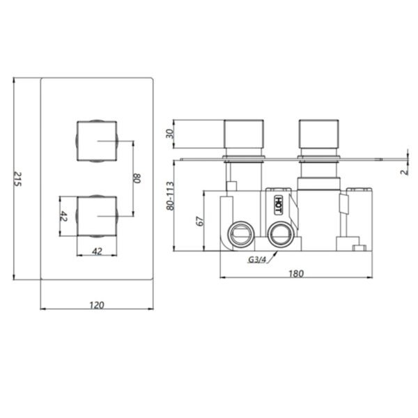 Kartell Nero Square 2 Outlet 2 Handle Thermostatic Concealed Shower Valve - Matt Black - Image 2