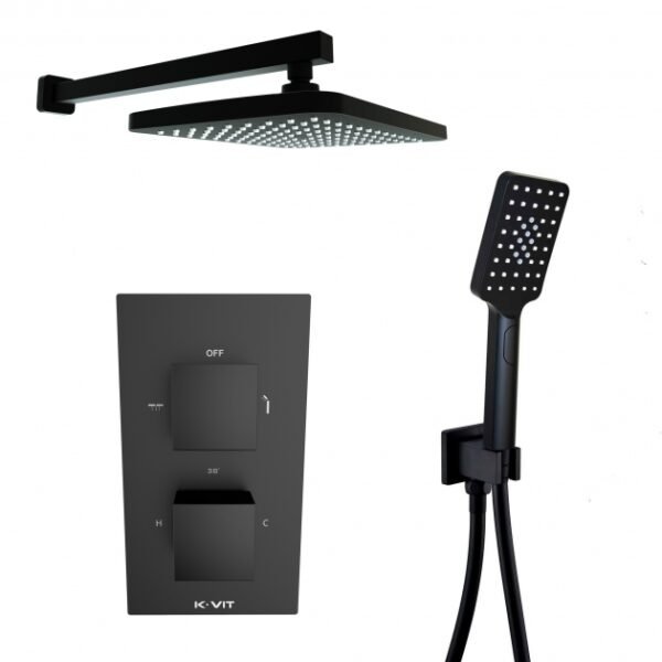 Kartell Nero Square 2 Outlet 2 Handle Thermostatic Concealed Shower Valve With Fixed Shower Head With Arm And Handset - Matt Black