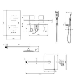 Kartell Nero Square 2 Outlet 2 Handle Thermostatic Concealed Shower Valve With Fixed Shower Head With Arm And Handset - Matt Black - Image 2
