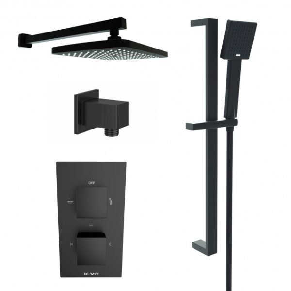 Kartell Nero Square 2 Outlet 2 Handle Thermostatic Concealed Shower Valve With Slide Rail Kit With Outlet Elbow - Matt Black